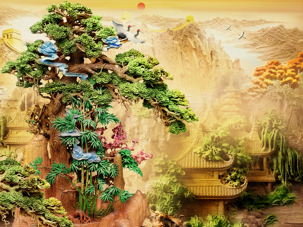 3D Tree & Old Chinese House with Birds & Tree Great Wall of China Print 100% Australian Made