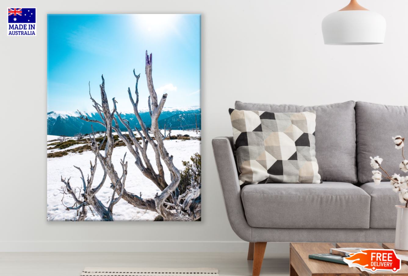 Dead Tree on Snow Capped Mountain Photograph Print 100% Australian Made