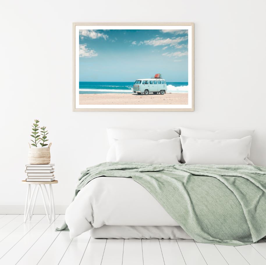 Mini Van on Beach with Surf Boats Home Decor Premium Quality Poster Print Choose Your Sizes
