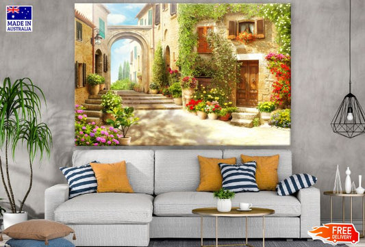 Village Houses with Floral Vines Print 100% Australian Made