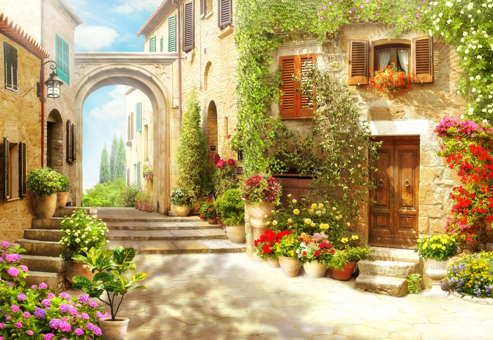 Village Houses with Floral Vines Print 100% Australian Made