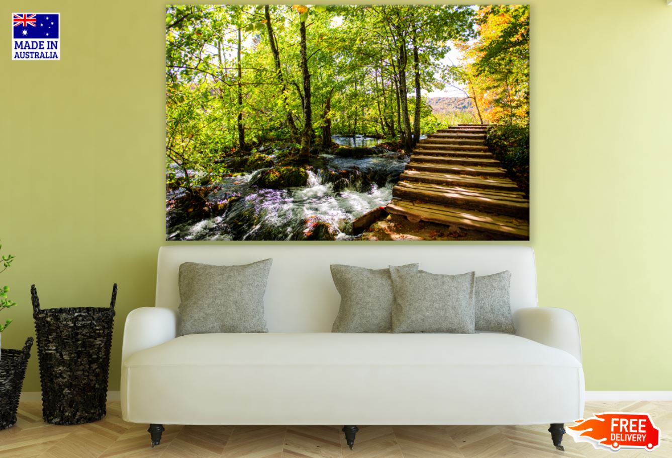 Wooden Stairs Over Water Stream Photograph Print 100% Australian Made