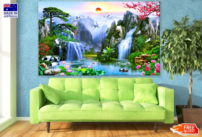Stunning View of Birds, Fish, House, Mountains & Waterfall Photograph print 100% Australian Made