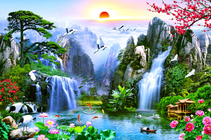 Stunning View of Birds, Fish, House, Mountains & Waterfall Photograph print 100% Australian Made