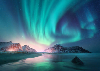 Aurora Over Snow Capped Mountains Photograph Print 100% Australian Made