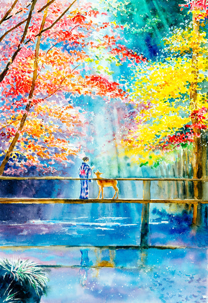 Boy & Dog in Forest Bridge Paint Home Decor Premium Quality Poster Print Choose Your Sizes
