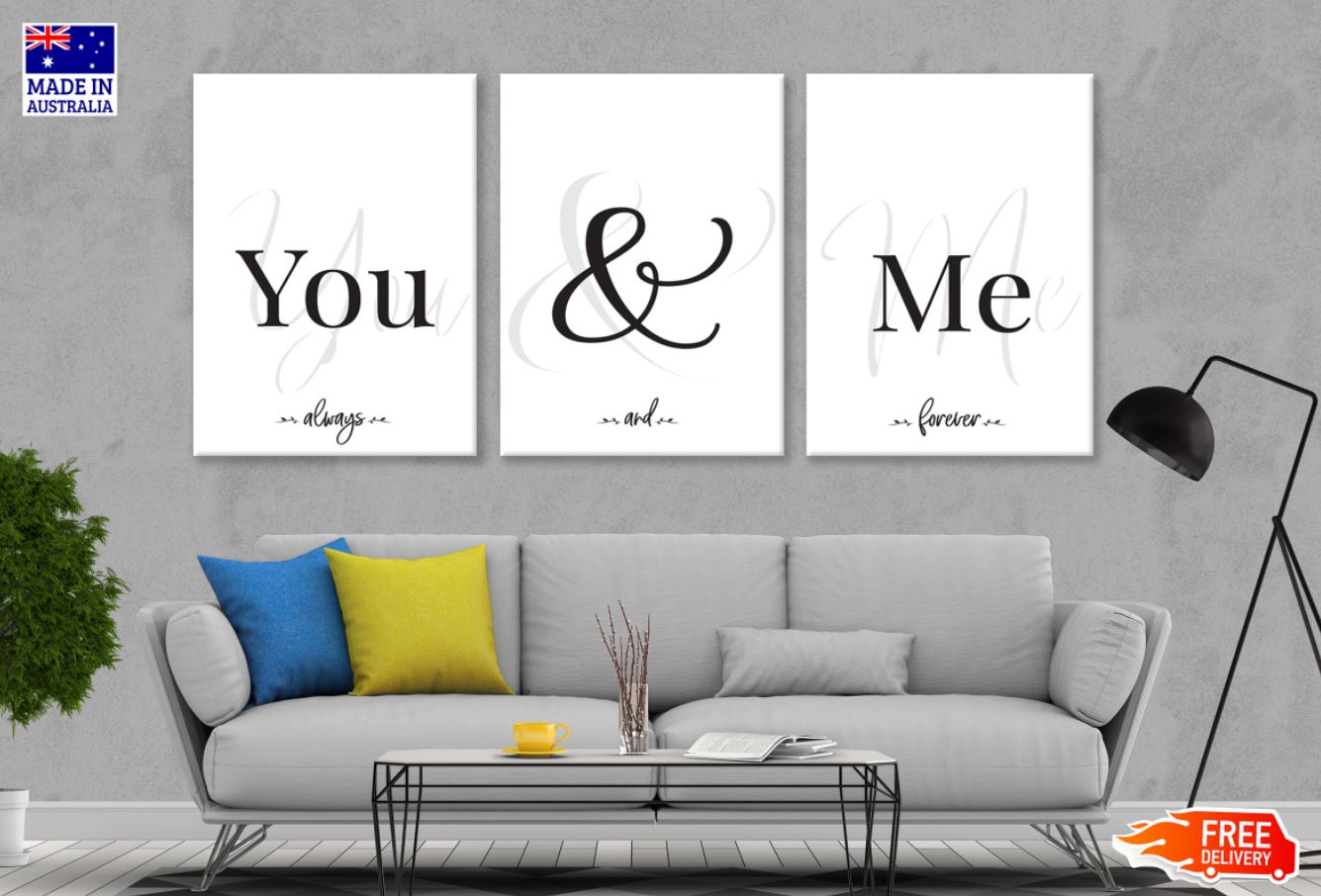 3 Set of You & Me B&W Word Art High Quality Print 100% Australian Made Wall Canvas Ready to Hang