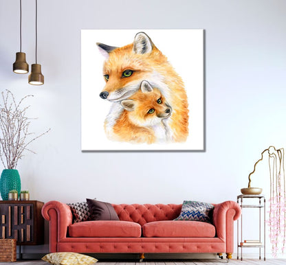Square Canvas Fox & Cub Watercolor Painting High Quality Print 100% Australian Made