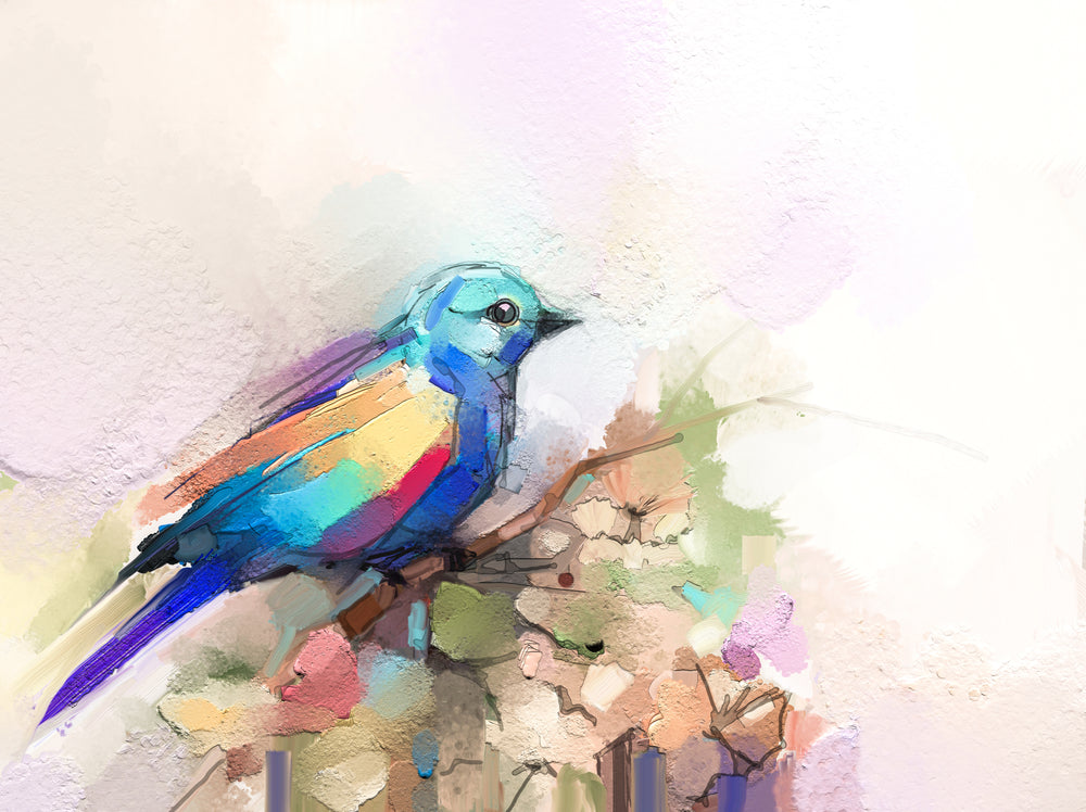 Blue Bird on a Flower Tree Watercolor Painting Print 100% Australian Made