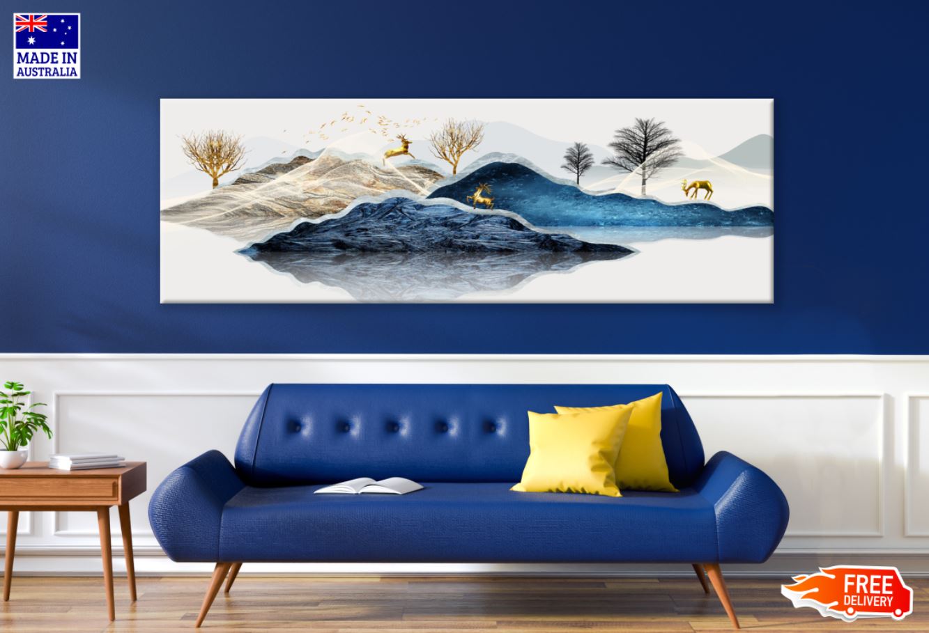 Panoramic Canvas Mountains & Deers Abstract Design High Quality 100% Australian made wall Canvas Print ready to hang