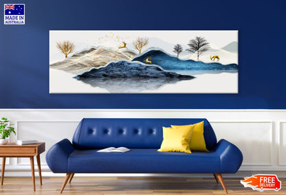 Panoramic Canvas Mountains & Deers Abstract Design High Quality 100% Australian made wall Canvas Print ready to hang