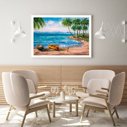 Boats & Palm Trees on Beach Oil Painting Home Decor Premium Quality Poster Print Choose Your Sizes
