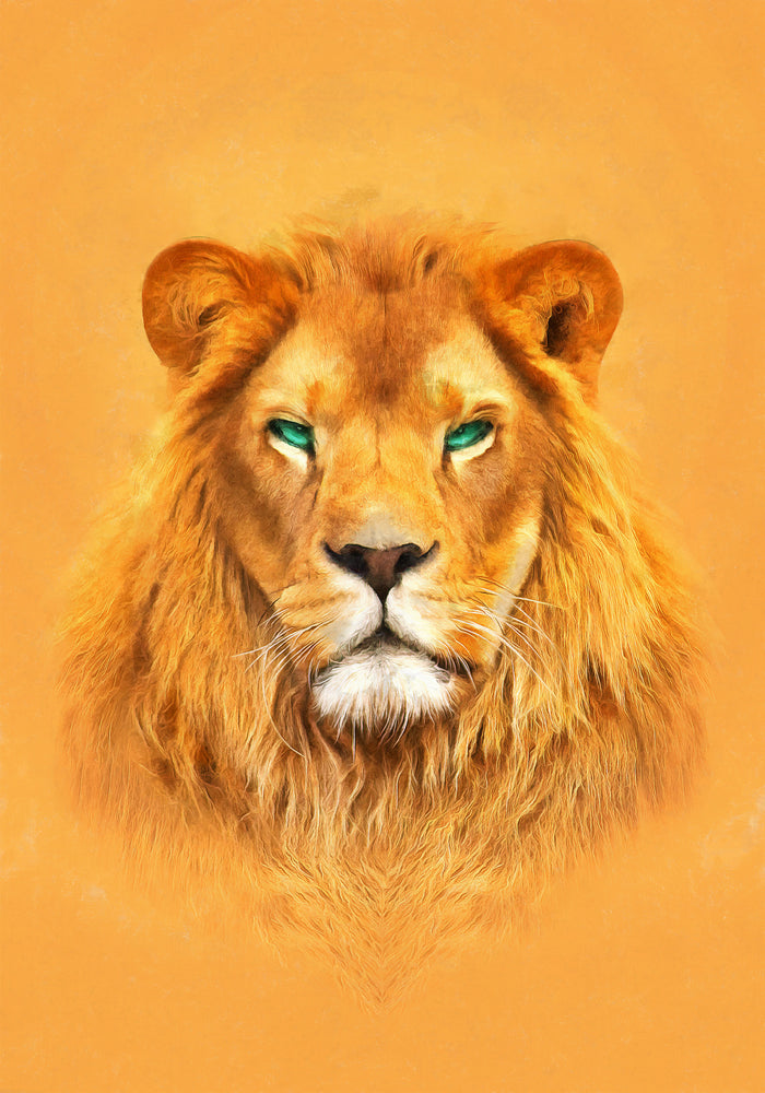 Lion Portrait on an Orange Background Painting Print 100% Australian Made
