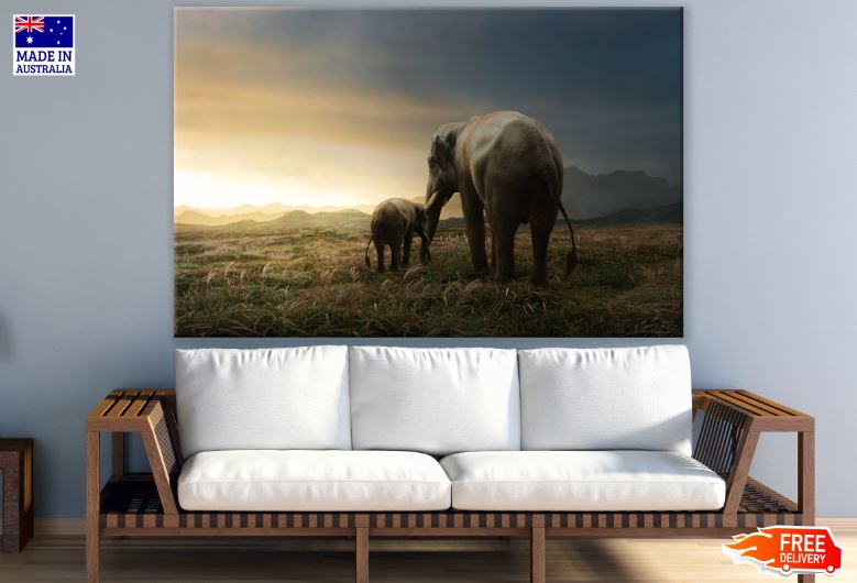 Elephant & Calf at Sunset Scenery Photograph Print 100% Australian Made