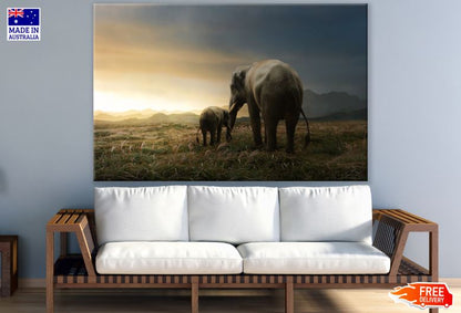 Elephant & Calf at Sunset Scenery Photograph Print 100% Australian Made
