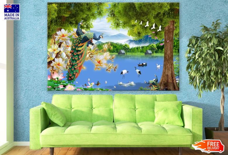 Peacocks & Birds in Lake Scenery Photograph Print 100% Australian Made