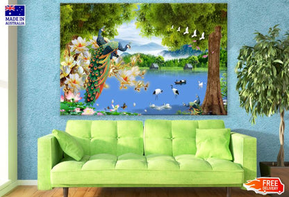 Peacocks & Birds in Lake Scenery Photograph Print 100% Australian Made