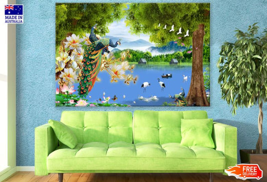 Peacocks & Birds in Lake Scenery Photograph Print 100% Australian Made