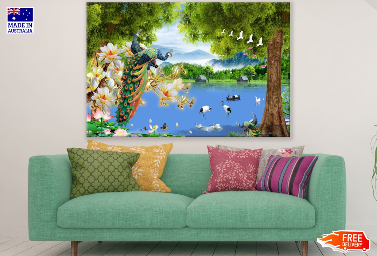 Birds on Lake Scenery Digital Art Print 100% Australian Made