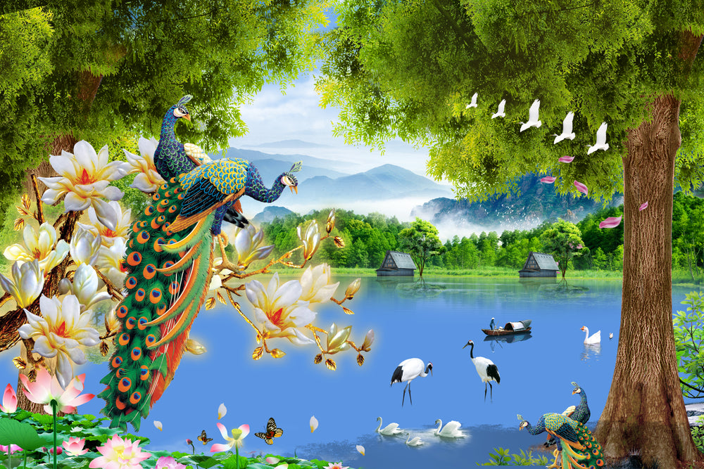 Peacocks & Birds in Lake Scenery Photograph Print 100% Australian Made