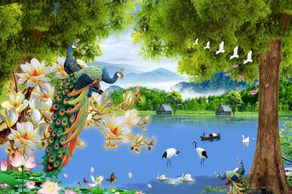 Peacocks & Birds in Lake Scenery Photograph Print 100% Australian Made