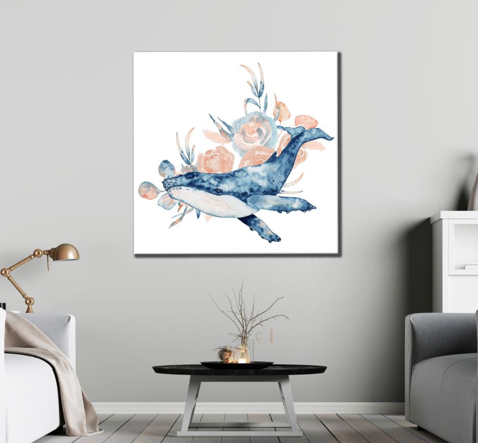 Square Canvas Whale & Flowers Watercolor Painting High Quality Print 100% Australian Made