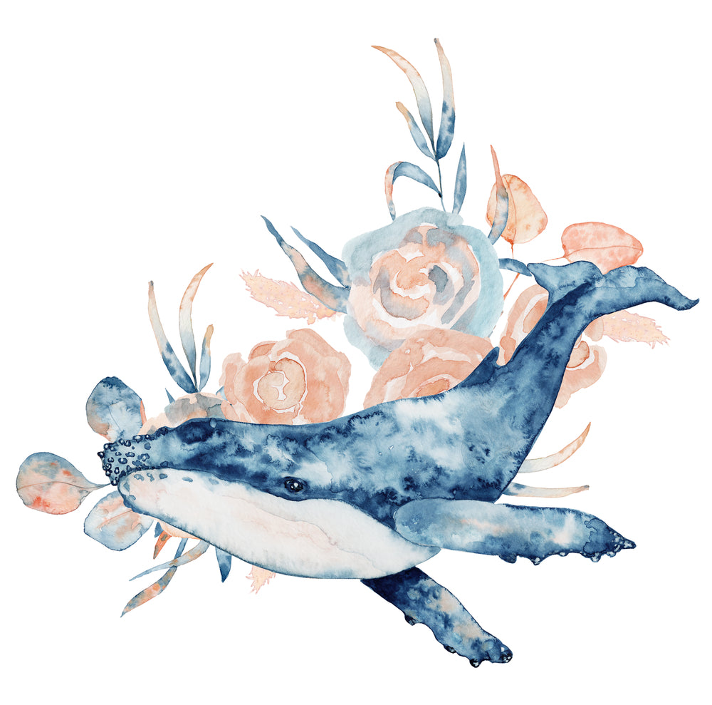 Square Canvas Whale & Flowers Watercolor Painting High Quality Print 100% Australian Made