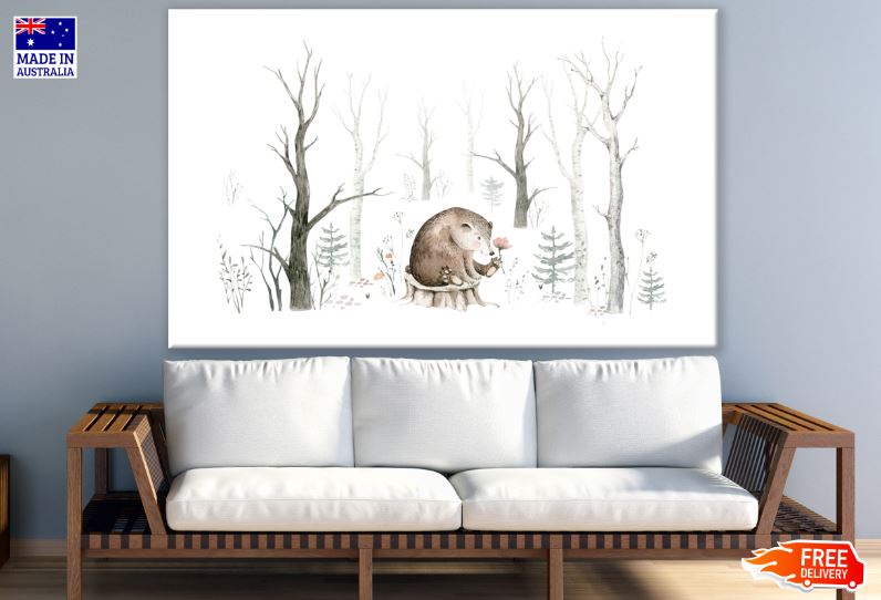 Baby Bear Holding a Flower Watercolor Painting Print 100% Australian Made