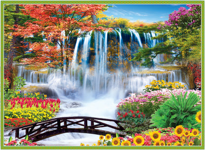 Stunning Waterfall in Colourful Forest with Wooden Bridge Painting Print 100% Australian Made