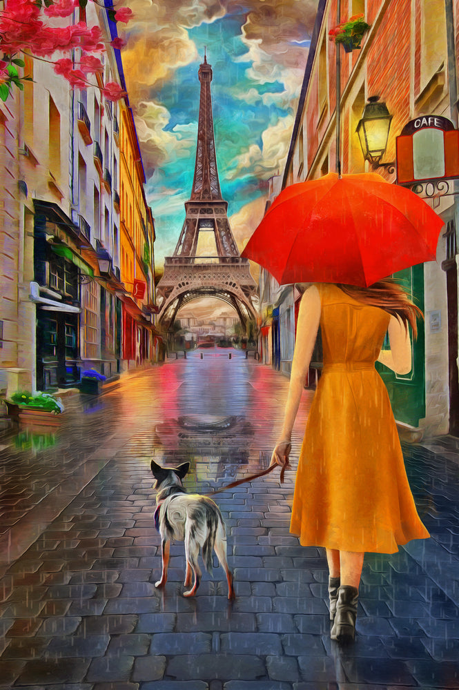 Lady & Dog Walking to Eiffel Tower Painting Print 100% Australian Made