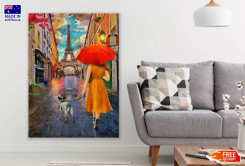 Girl & Dog Walking on Paris Streets Near Eiffel Tower Oil Painting Print 100% Australian Made