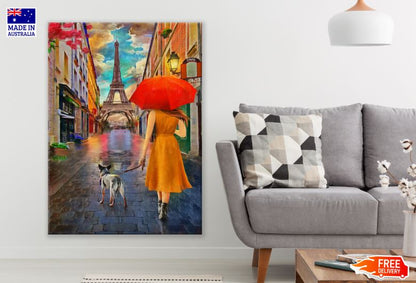 Girl & Dog Walking on Paris Streets Near Eiffel Tower Oil Painting Print 100% Australian Made