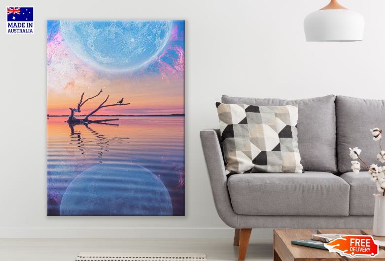 Dead Tree in Lake & Under Moon Sunset Print 100% Australian Made