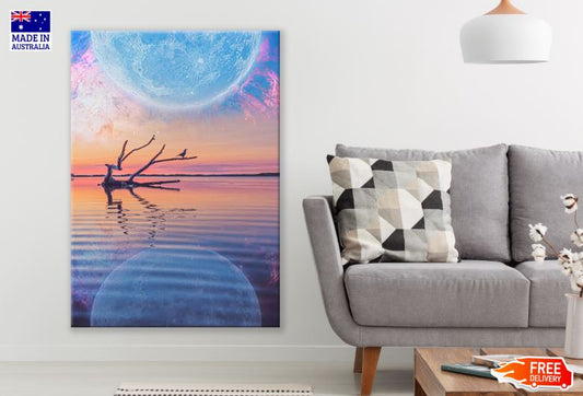 Dead Tree in Lake & Under Moon Sunset Print 100% Australian Made