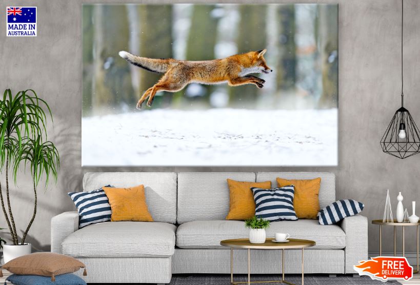 Fox Running in Snow Covered Forest Photograph Print 100% Australian Made