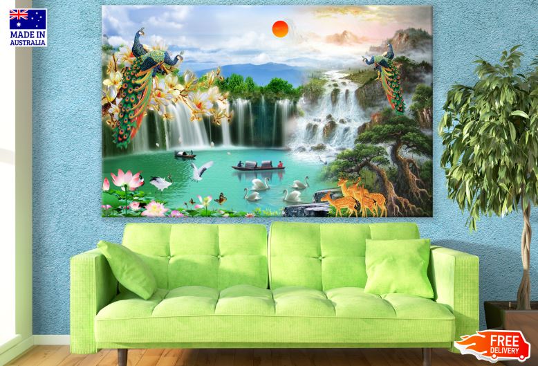 Birds & Waterfall Landscape Scenery Painting Print 100% Australian Made