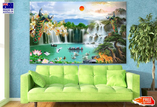 Birds & Waterfall Landscape Scenery Painting Print 100% Australian Made