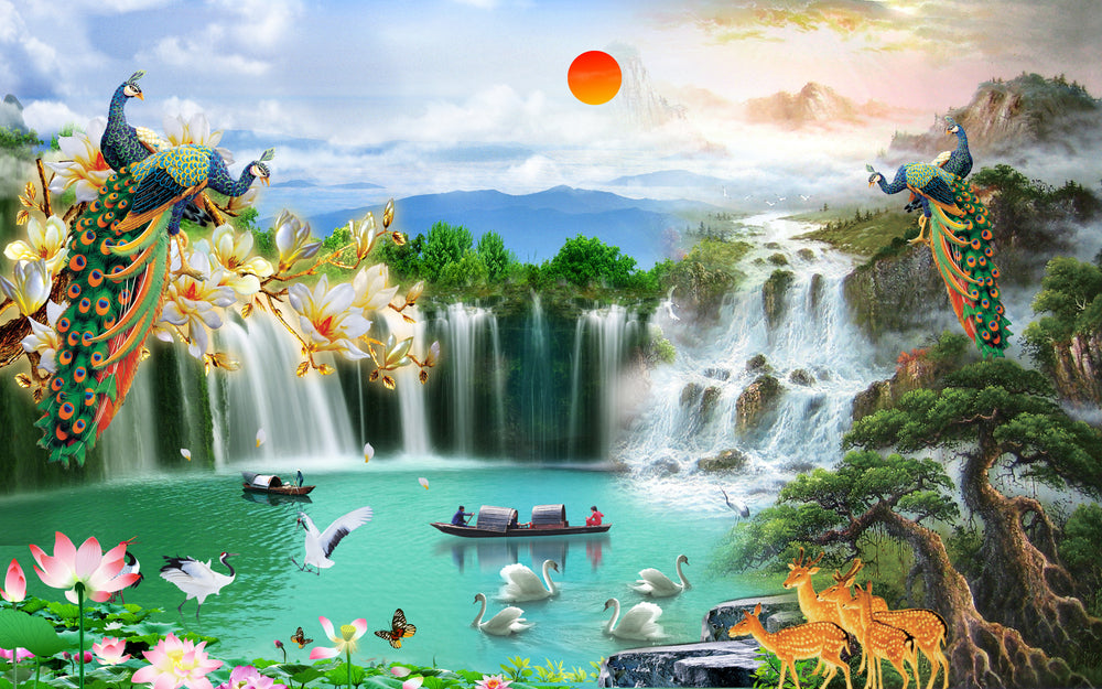 Birds & Waterfall Landscape Scenery Painting Print 100% Australian Made
