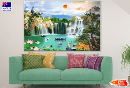 Waterfall & Animals Scenery Paint Print 100% Australian Made