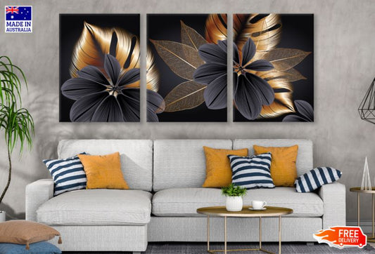 3 Set of Black & Gold Abstract Floral Design High Quality Print 100% Australian Made Wall Canvas Ready to Hang