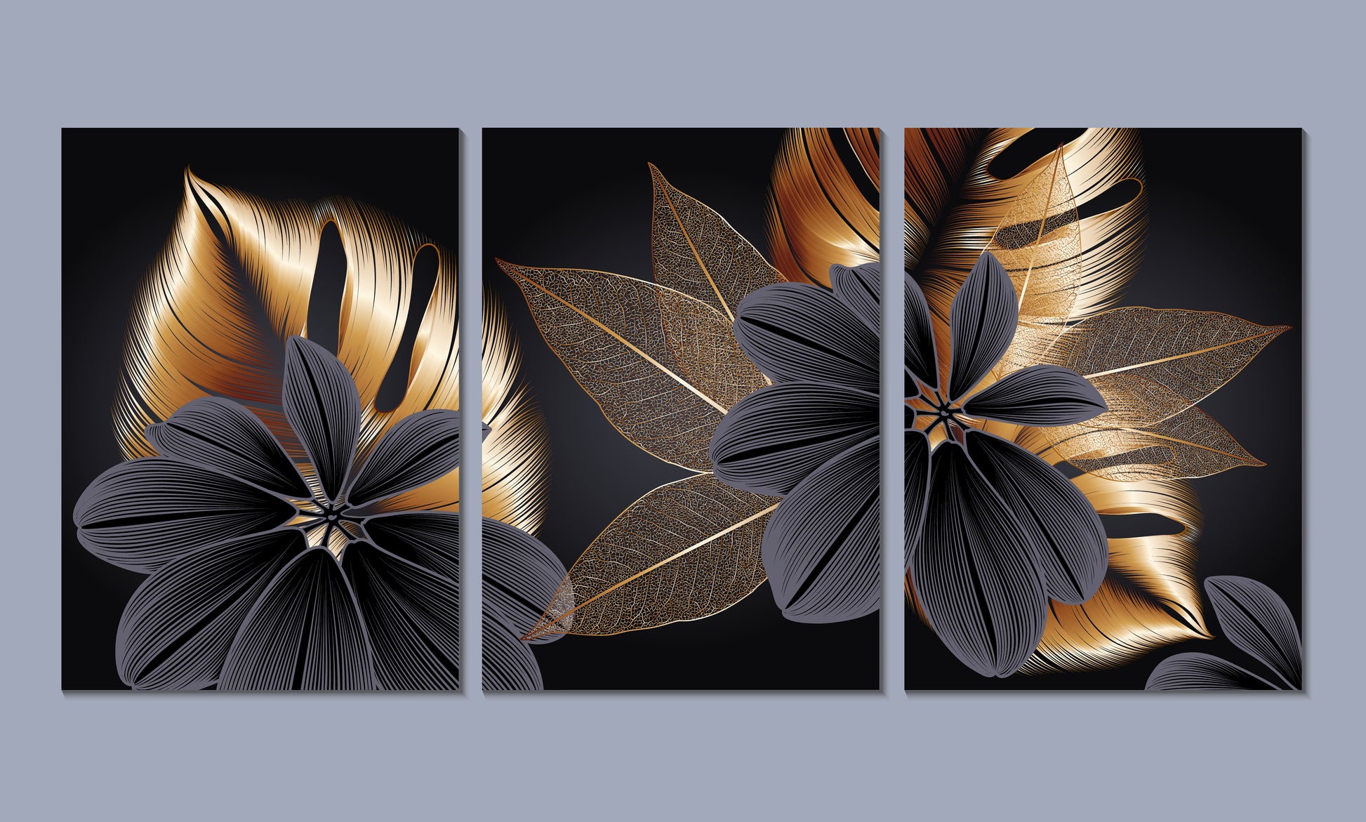 3 Set of Black & Gold Abstract Floral Design High Quality Print 100% Australian Made Wall Canvas Ready to Hang