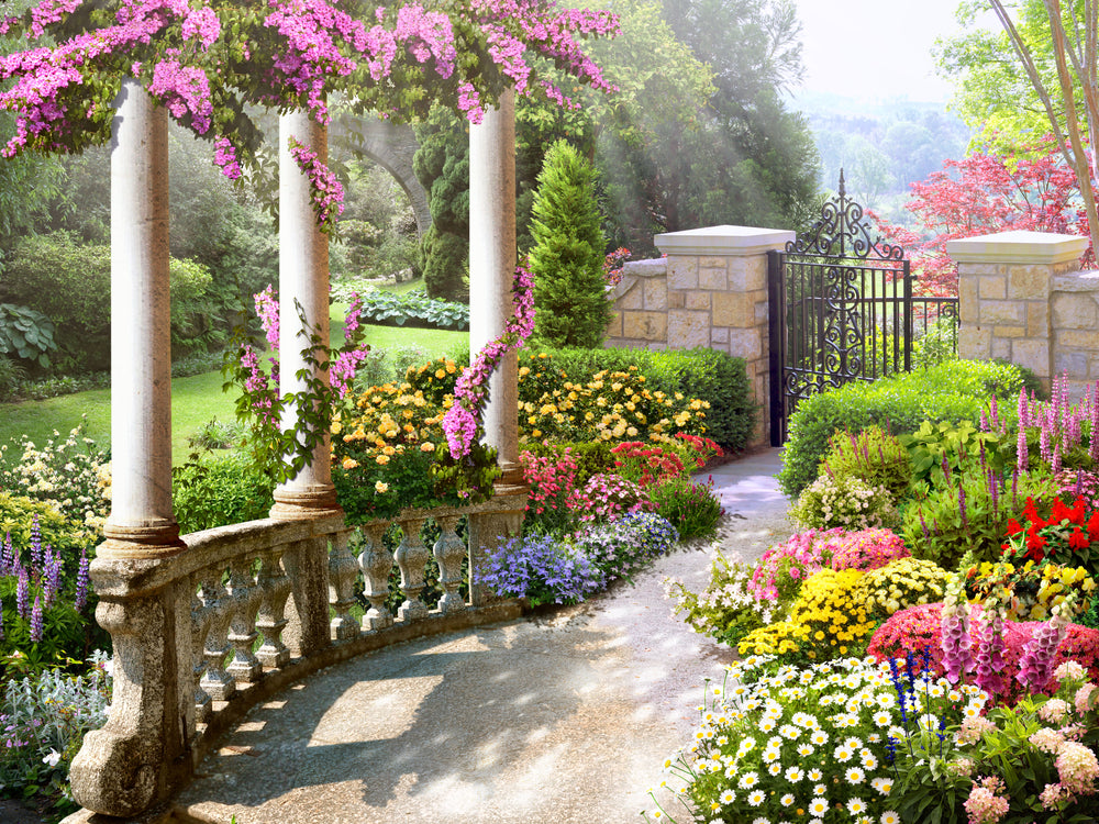 Colorful Floral Garden with Building Columns Photograph Print 100% Australian Made