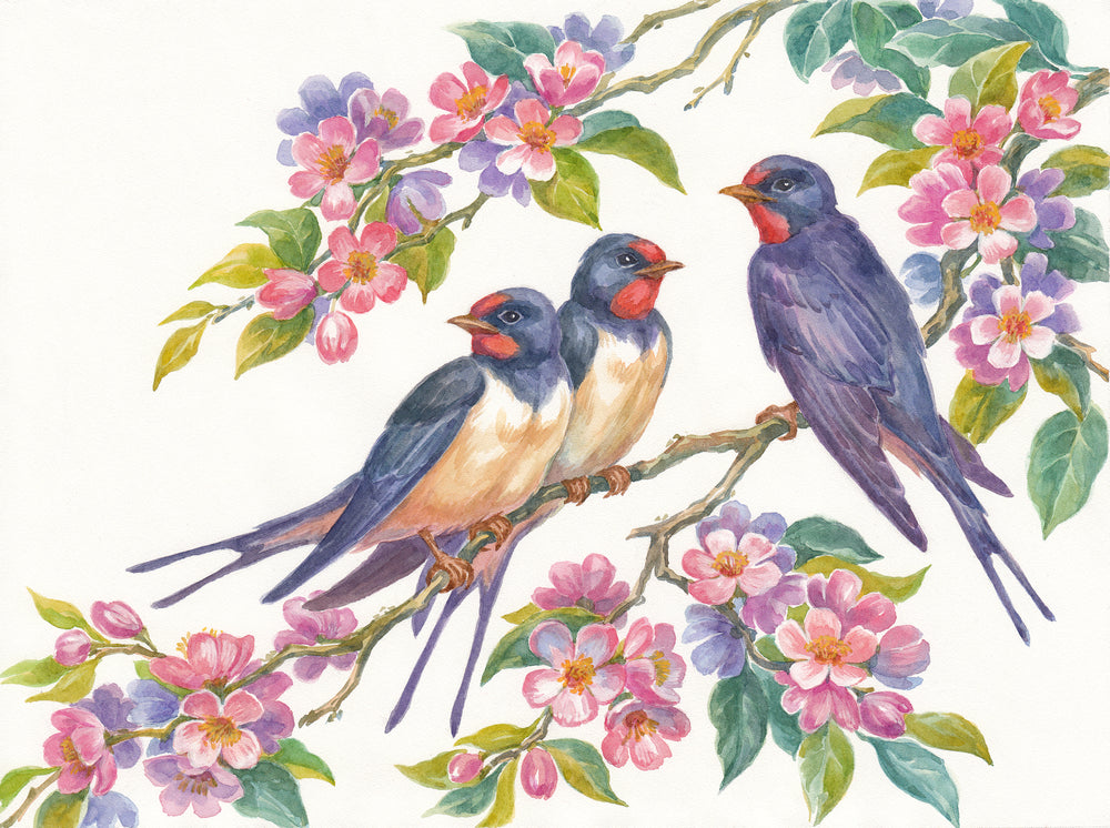 Birds on Flower Tree Watercolor Painting Print 100% Australian Made