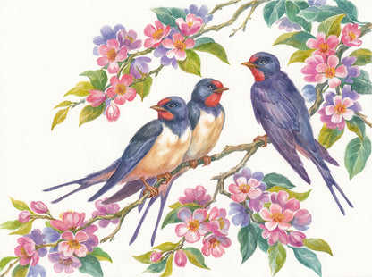 Birds on Flower Tree Watercolor Painting Print 100% Australian Made