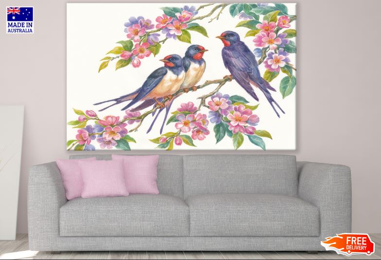 Birds on Flower Tree Watercolor Painting Print 100% Australian Made