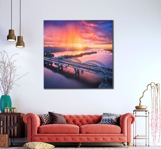 Square Canvas Bridge in City Sunset View High Quality Print 100% Australian Made