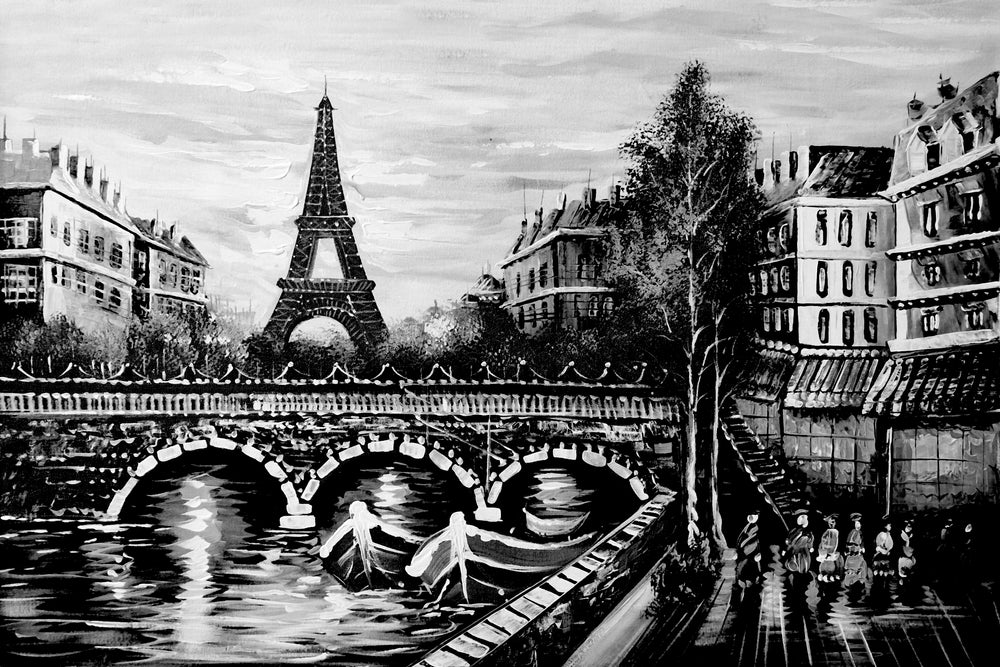 Eiffel Tower & Canal With Boats Painting B&W Print 100% Australian Made