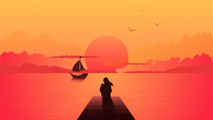 Girl On Wooden Pier & Boat Vector Home Decor Premium Quality Poster Print Choose Your Sizes