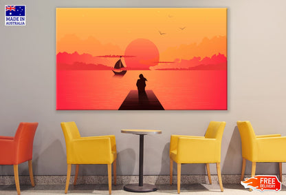 Girl On Wooden Pier & Boat Vector Print 100% Australian Made