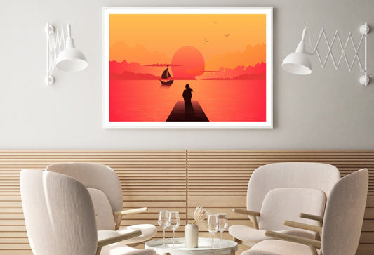 Girl On Wooden Pier & Boat Vector Home Decor Premium Quality Poster Print Choose Your Sizes
